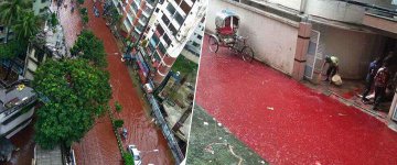 Chuva deixa ruas da capital de Bangladesh inundadas com sangue de animais