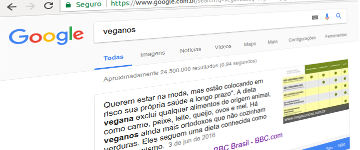 Pesquisa pelo termo "veganos" no Google traz reportagem tendenciosa da BBC em destaque